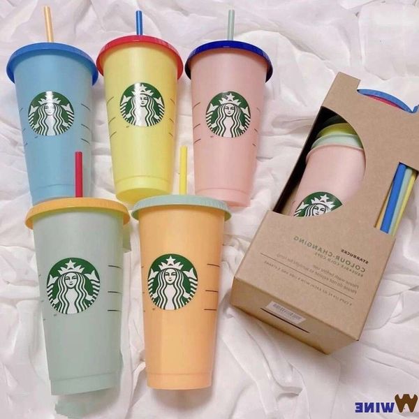 Bicchiere di plastica riutilizzabile con coperchio e tazza Starbucks con cannuccia, 24 Fl Oz, set di 1 o 5 tazze che cambiano colore, regali per vino