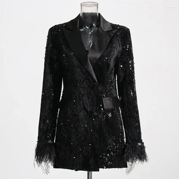 Abiti da donna 2023 Doppiopetto con paillettes Blazer da donna Abito da sera in velluto con maniche di piume Giacca lunga Occasioni formali