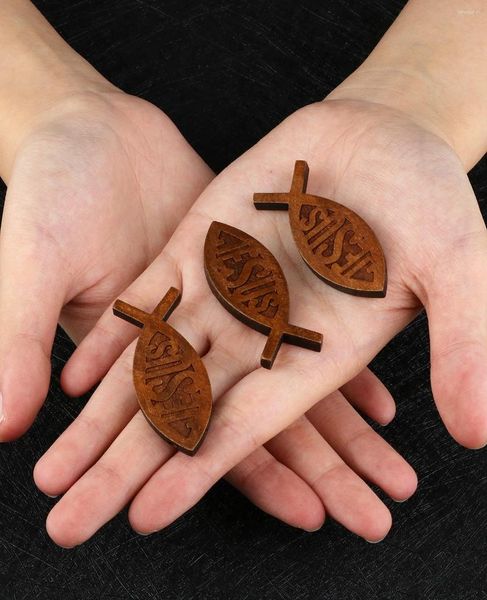 Collane con ciondolo Cottvo5 pezzi cristiano inciso Gesù fatto a mano in legno naturale a forma di pesce per accessori gioielli collana fai da te
