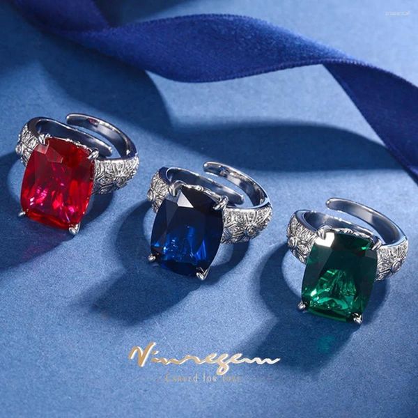 Küme halkaları vinregem 16 12 mm laboratuvar Oluşturuldu Emerald Safir Ruby Taş Vintage Ayarlanabilir Açık Yüzük Kadınlar için Güzel Takı