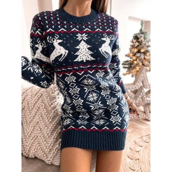 Casual Dresses Weihnachten Strickkleid Frauen Rundhals Langarm Jacquard Einfache Elch Schneeflocken Strickpullover Kostüm