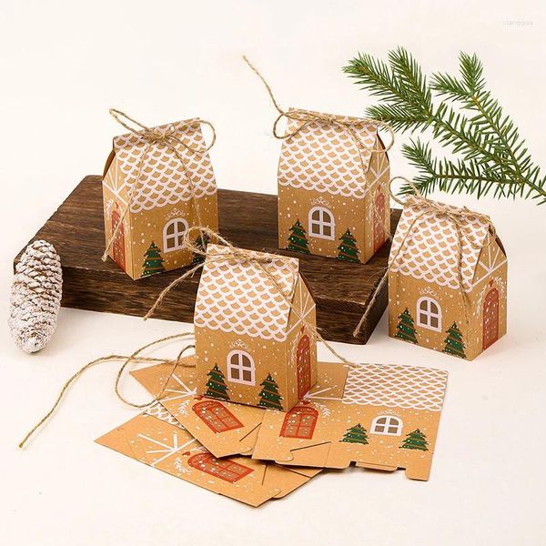 Envoltório de presente 5 pcs Natal Casa Presentes Caixas Doces Pacote de Biscoito Kraft Caixa de Papel Saco com Corda para Xmas Ano Fontes de Festa Decoração