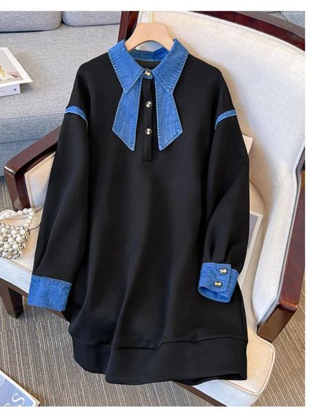 Casual Kleider Plus Größe Herbst Denim Patchwork Sweatshirts Kleid Büro Damen Elegante Hohe Qualität Koreanische Polo Kragen 4XL