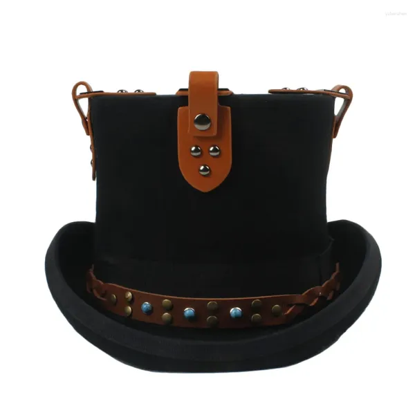 Berets 15cm preto steampunk chapéu de lã mulheres homens artesanais millinery fedora óculos festa cosplay boné s m l xl