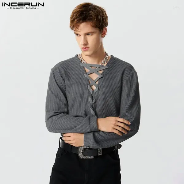 Maglioni da uomo INCERUN Uomo Pullover lavorato a maglia con scollo a V manica lunga Streetwear Lace Up Autunno Casual 2023 Abbigliamento in tinta unita S-5XL