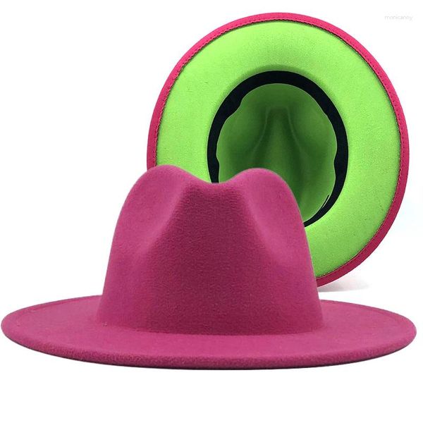 Berets unissex exterior rosa interior verde lã feltro jazz fedora chapéus com fivela de cinto fino homens mulheres aba larga panamá trilby boné l xl