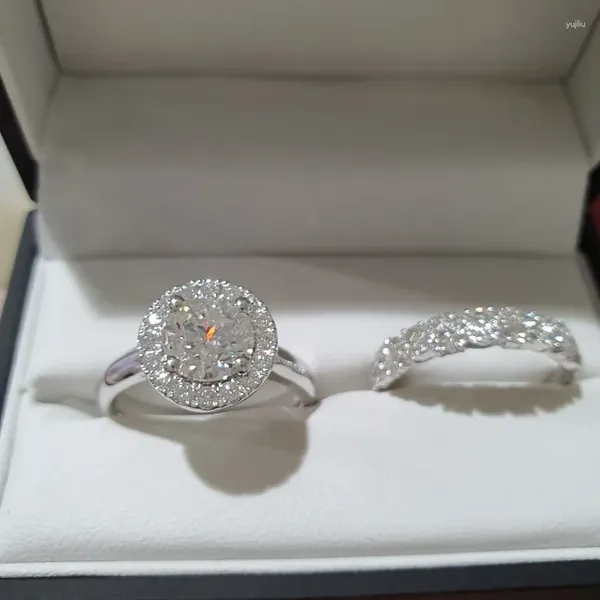 Anelli a grappolo Elegante pietra bianca zircone fidanzamento di lusso colore argento set rotondo festa anniversario matrimonio per le donne