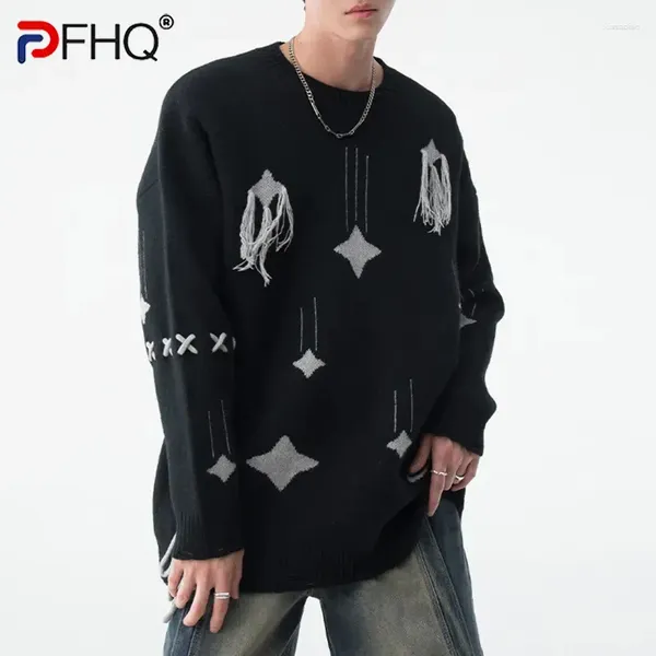 Suéter masculino pfhq cordão cinta design suéter masculino china-chique streetwear solto malha estampa padrão outono ao ar livre pullovers casuais