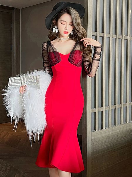 Basic Casual Women Dresses Summer Elegant Sexy Maxi Dress Women Sheer Black Mesh Red Slim Fit Trumpet Mermaid Robe Lady Wedding Christmas Prom Party Vestidos 2024