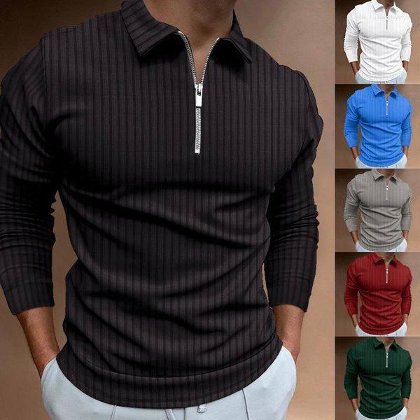 Polos masculinos manga longa algodão meia zip listra polo t camisa de alta qualidade moda masculina roupas colar para playeras despeje hommes