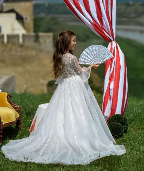 Платья для девочек, платье с цветочным узором, белое пушистое тюлевое кружевное украшение, украшенное бисером, свадебное, элегантное, для первого евхаристического дня рождения ребенка