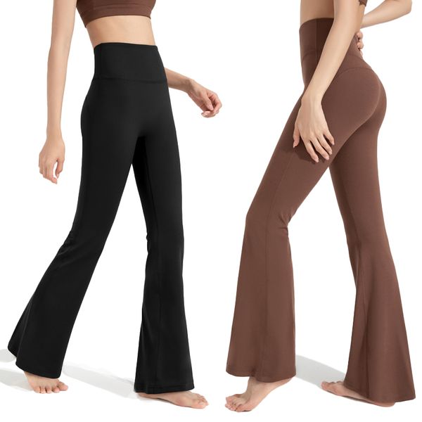 LLu Yoga Calças Flared Nude Cintura Bolso Leggings Verão Senhoras Cintura Alta Slim Fit Barriga Calças Bell-bottom Mostra Pernas Longas Calças de Yoga Completas Designer