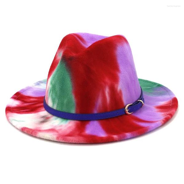 Berets homens mulheres tie-dye jazz panamá lã feltro fedora chapéu plana borda larga cinto de couro algodão poliéster verão sol