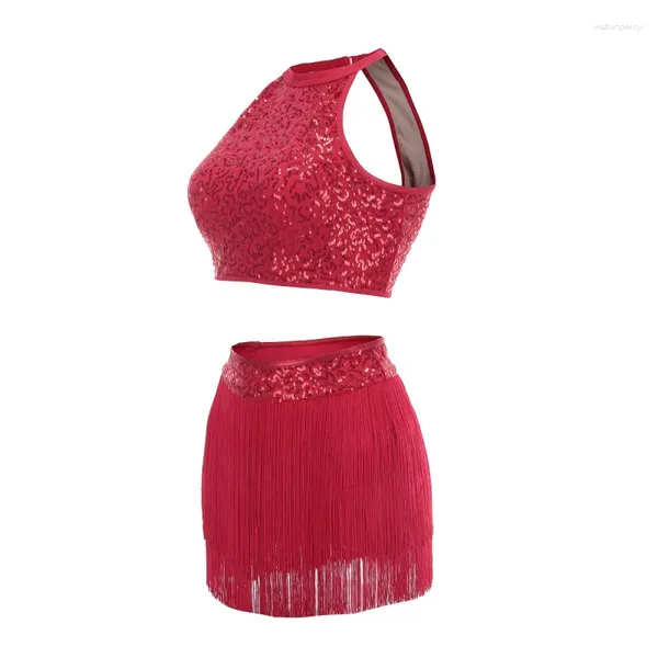 Stage Wear Donna Diviso 2 Pezzi Senza Maniche Vestito da Balletto con Paillettes Nappa Crop Top con Pantaloncini Set di Prestazioni di Ginnastica