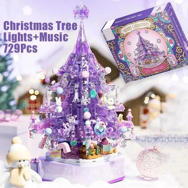 Blocchi 729PCS Cristallo viola Albero di Natale Carillon Kit di blocchi di costruzione con luce Decorazione domestica creativa Regali di festa per bambini 231027