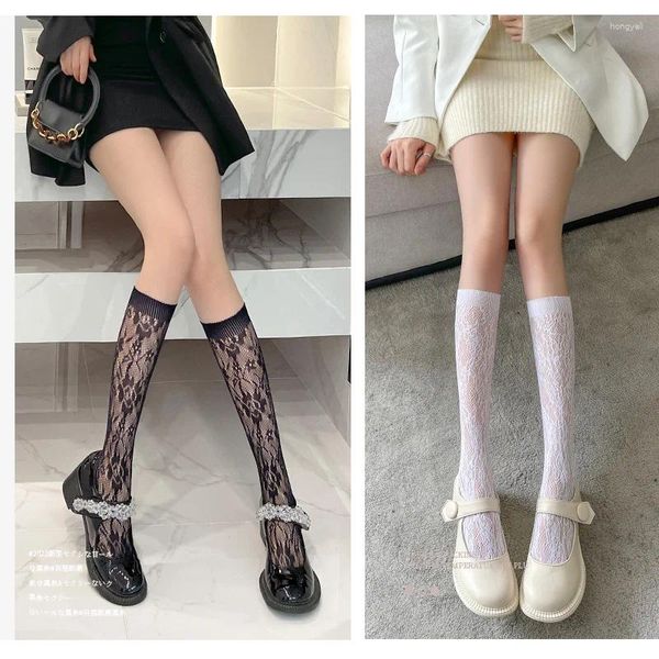 Frauen Socken Sexy Spitze Mesh Print Strümpfe Kniehohe Weiche Nylon Elastische Fishnet Mode Schwarz Lange