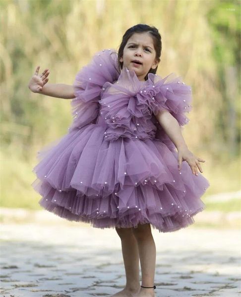 Платья для девочек, фиолетовое цветочное платье принцессы с пышным тюлем, многослойное платье для дня рождения на свадьбу с жемчугом, бальное платье, нарядная одежда