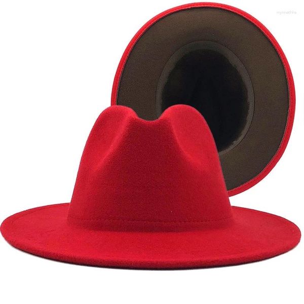 Berets Einfache äußere rote innere Kaffee Wollfilz Jazz Fedora Hüte mit dünner Gürtelschnalle Männer breite Krempe Panama Trilby Cap 56-58 cm