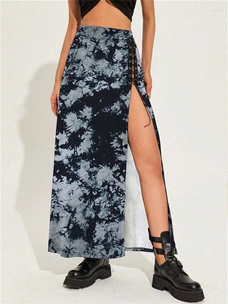 Юбки 2023 Dark Tie Dye, готические повязки, женские миди в стиле гранж Y2k, винтажная длинная юбка с высокой талией, сексуальная трапециевидная модная уличная одежда с разрезом, 2023