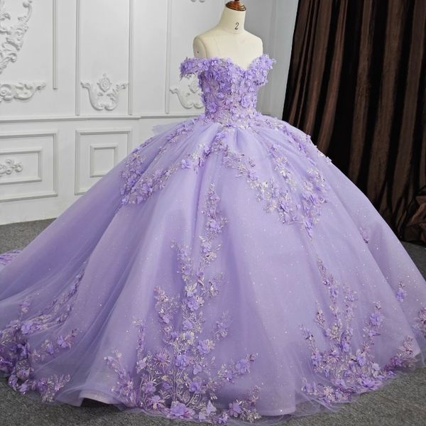 Lavendel-Schatz-Prinzessin-Quinceanera-Kleider, schulterfrei, mit Blumenapplikation, Schnürkorsett, süßes 16-Kleid, für 15 Jahre