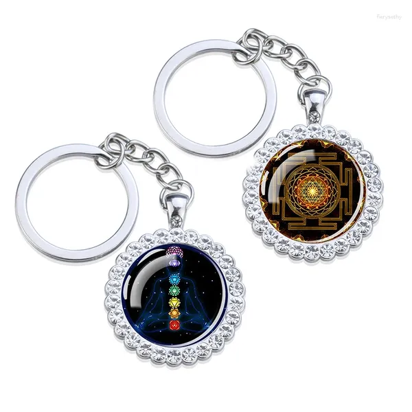 Anahtarlıklar mandala yoga sembolü anahtarlık rhinestone kolye manevi 7 chokra anahtarlık cam cabochon anahtar budizm yogi mücevher hediye