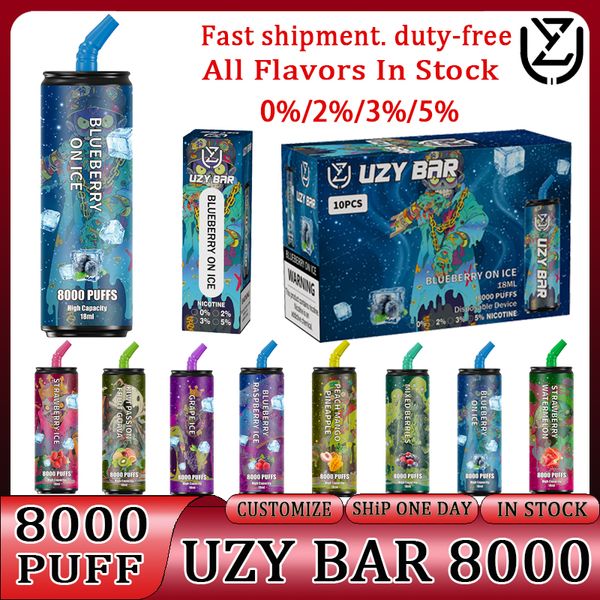 Original UZY BAR 8000 Puffs 800 E-cigarros descartáveis Recarregável Vape Pen Device 8k Puff 8000 1100mAh 14ml Cartuchos pod Mesh Coil Vaporizadores com RGB 0% 2% 3% 5%