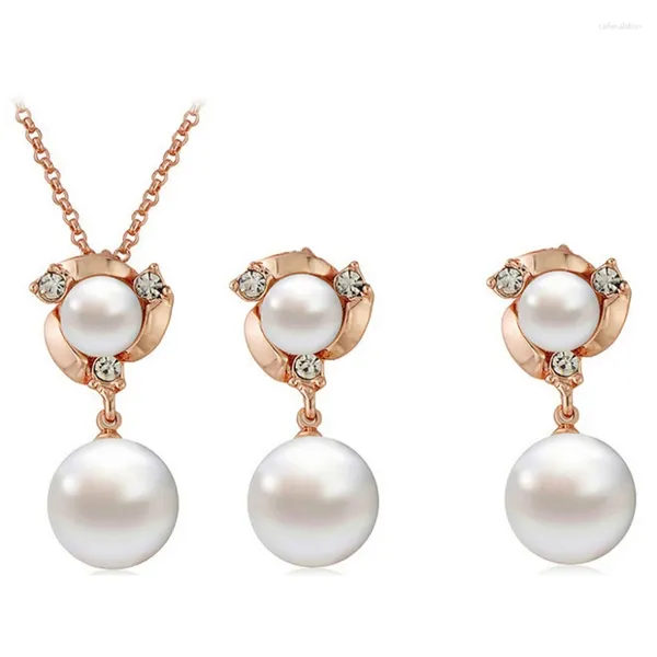 Collana Orecchini Set Perle d'imitazione d'acqua dolce Colore oro rosa Accessori per abiti da sera alla moda Festa