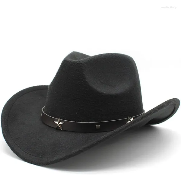 Berets Mulheres Homens Lã Oco Chapéu de Cowboy Ocidental com Fita Sólida Cavalheiro Lady Jazz Cowgirl Toca Sombrero Cap