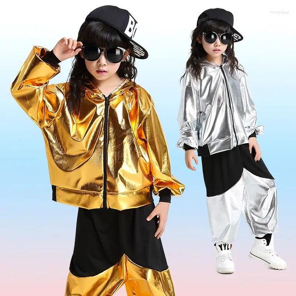 Abbigliamento da palcoscenico Costume da ballo moderno per break dance Costume Top con cappuccio Pantaloni Bambino Ragazza Ragazzo Performance Oro Argento Hip Hop Hiphop Jazz