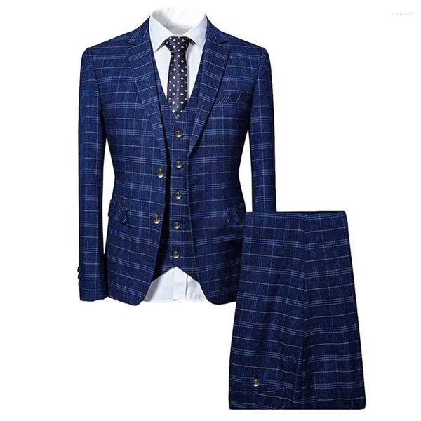 Ternos masculinos chegada azul/cinza xadrez 3 peças masculino fino ajuste padrinhos homem casamento baile jantar feito sob encomenda formal