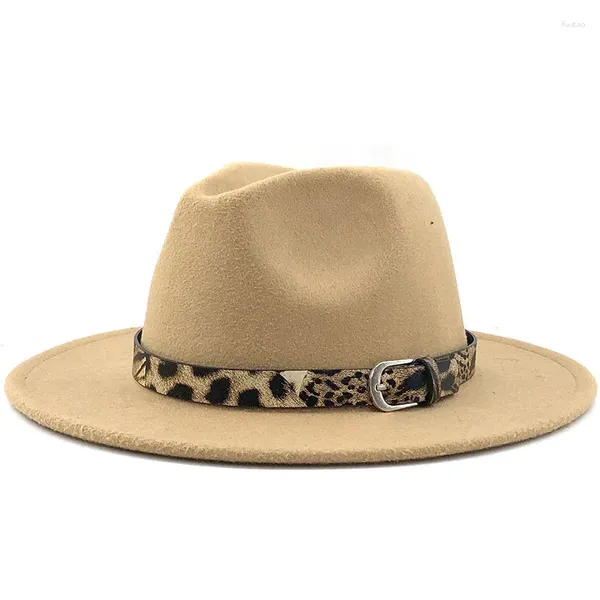 Berets 2023 moda leopardo cinto fedora chapéu homens mulheres lã feltro jazz panamá cowboy vintage borda larga festa sólida