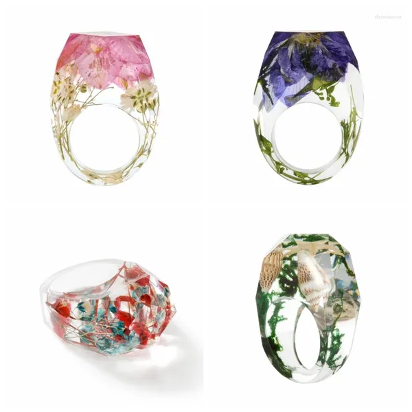 Cluster-Ringe, transparenter Wald, handgefertigt, getrocknete Blume, Harz-Ring, buntes Tintenmuster, Landschaft für Frauen, Modeschmuck