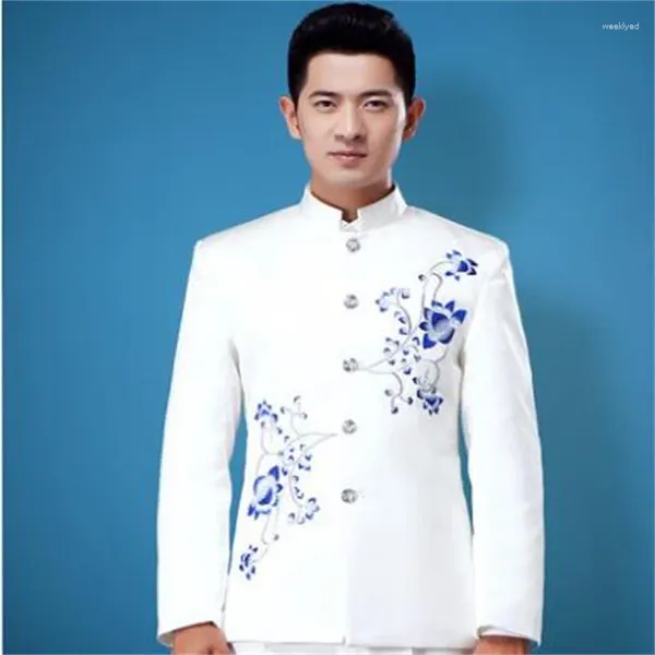 Ternos masculinos brancos homens chineses túnica projetos homme terno trajes de palco para cantores blazer bordado jaqueta estilo estrela vestido