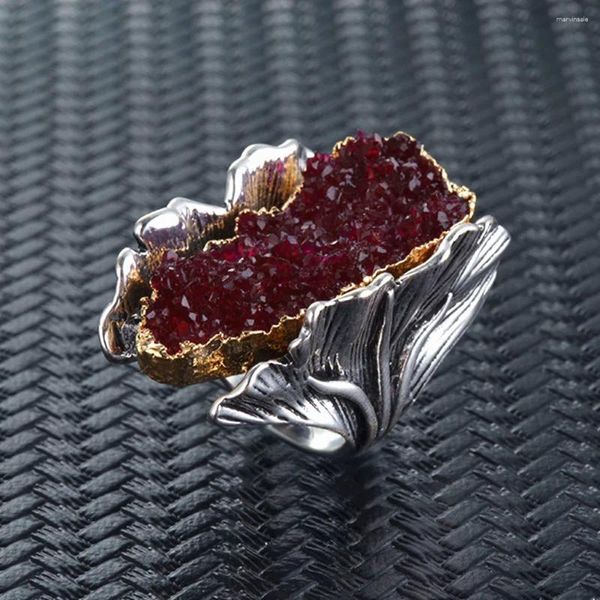 Anelli a grappolo Grier Vintage Donna Pietra Grande Anello Argento tibetano antico Moda Rosso Blu Fiore di cristallo Matrimonio quotidiano 2023 Regali