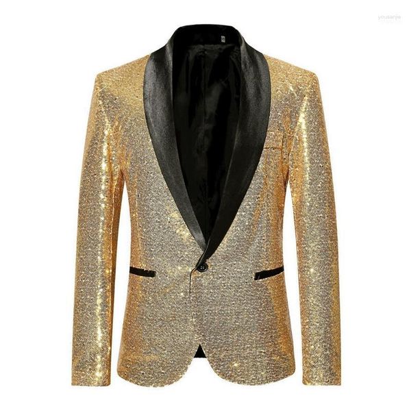 Abiti da uomo Blazer da uomo Oro lucido con paillettes Bling Glitter Blazer da uomo 2023 Collo a scialle Club DJ Giacca da uomo Stage Clothers For