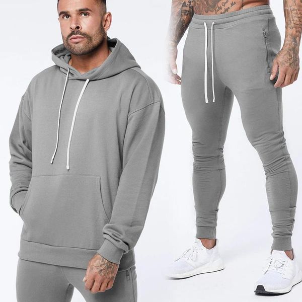 Fatos de treino masculino sólido casual ternos esportivos homens hoodies calças define algodão moletom moletom masculino ginásio roupas de fitness corredores