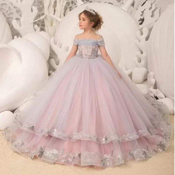 Kız Elbiseler Güzelden Omuz Çiçeği Düğün Aplike Ruffles Toddler Kızlar Pageant Elbise Çocuklar Resmi Giyim Prom