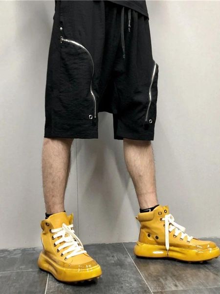 Shorts masculinos verão grande zíper bolso gota virilha na altura do joelho cintura elástica solta ajuste harem calças masculino casual hip hop carga