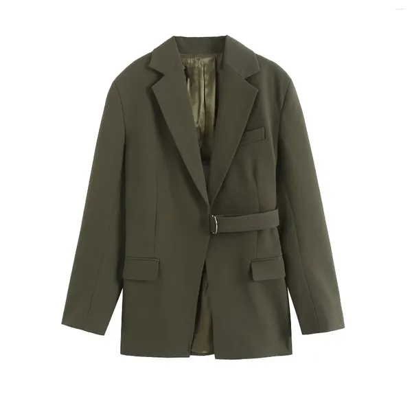 Damenanzüge Damenmode Dark Khaki Cut-Out Blazer mit Gürtel Langarm Pattentaschen Verstellbare Metallschnalle für Büro Dame Jacke