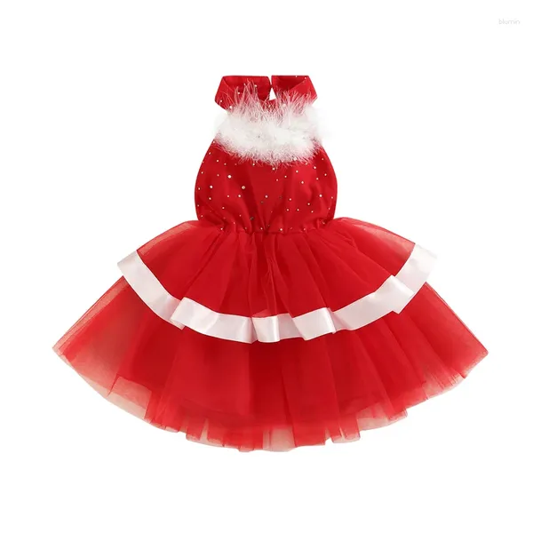 Vestidos infantis para meninas, vestido de malha de natal para bebês recém-nascidos, sem mangas, gola fuzzy, vestido de baile, miçangas, festa, princesa, 9 meses a 5 anos