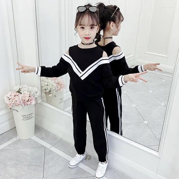 Set di abbigliamento Moda Big Girls Tute sportive con spalle scoperte Set bianco e nero per tuta primaverile per adolescenti Abbigliamento sportivo taglie forti