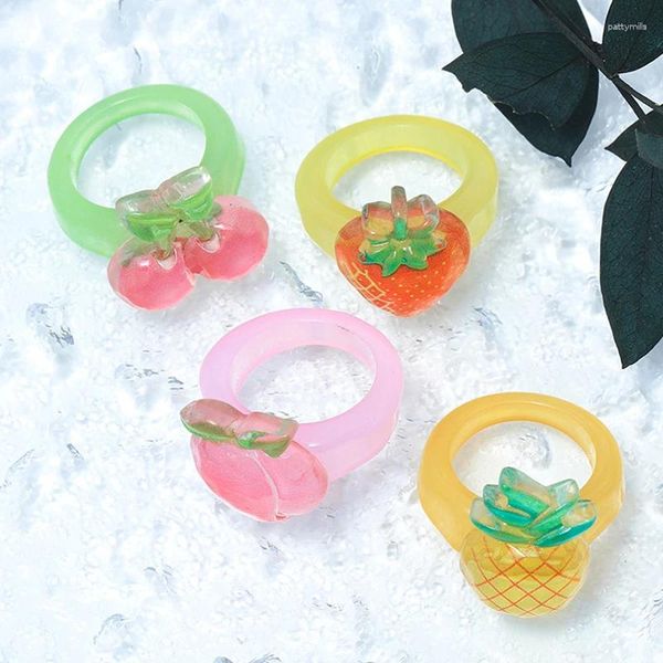 Cluster Ringe Süße süße bunte Harz Acryl Ring für Frauen Mädchen Sommer Kirsche Erdbeere Ananas Pfirsich Obst Fingerschmuck