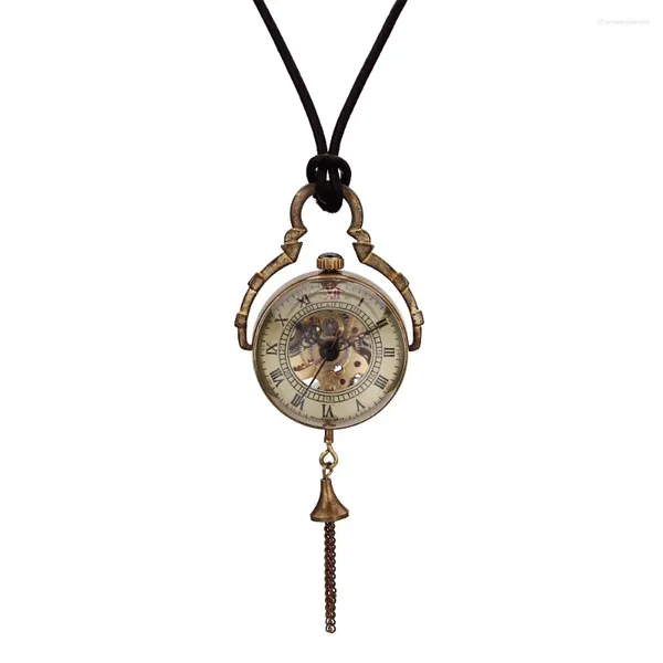 Orologi da tasca Orologio da uomo con sfera in vetro antico, cassa tono bronzo, orologio meccanico a carica manuale con collana e ciondolo a catena in pelle marrone