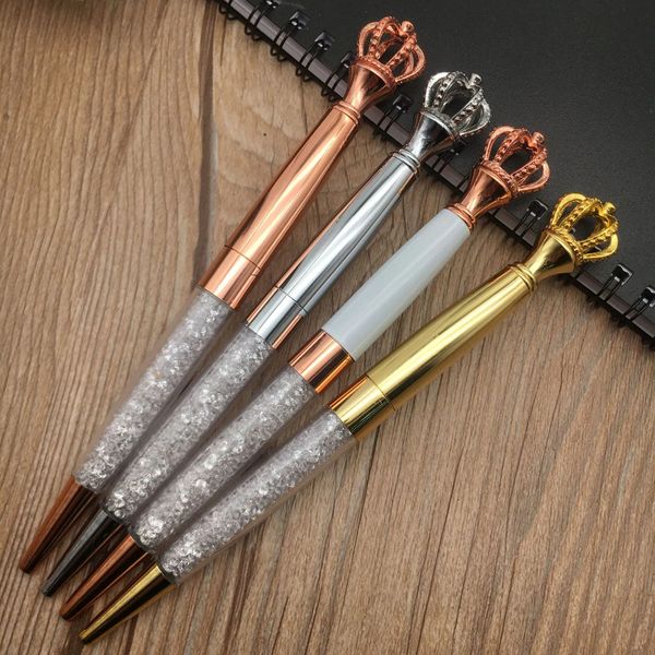 Atacado NOVO Diamante Coroa Canetas Esferográficas Cor Clássica Rosegold Prata Ouro Metal Caneta com Bling Little Crystal Student Writing Gift