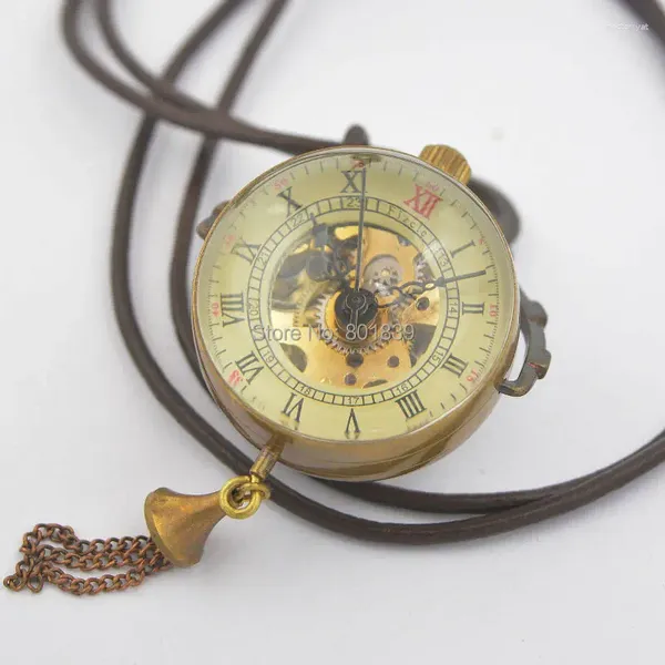 Relógios de bolso ver através de tom de bronze bola de cristal design mão vento relógio mecânico corrente de couro bom presente preço de atacado h033