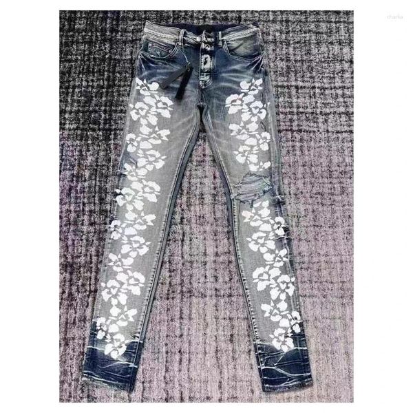 Herren-Jeans AM Fashion Brand High Street Slim Fit weiße Paisley-Batik-Baumwollhose mit Vintage-Waschung, lässige Stretch-Röhrenhose