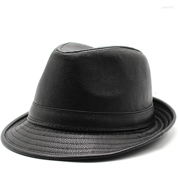 Berets marca simples jazz bonés homens pu couro fedoras chapéu para masculino outono inverno retro bowler chapéus vintage preto panamá boné