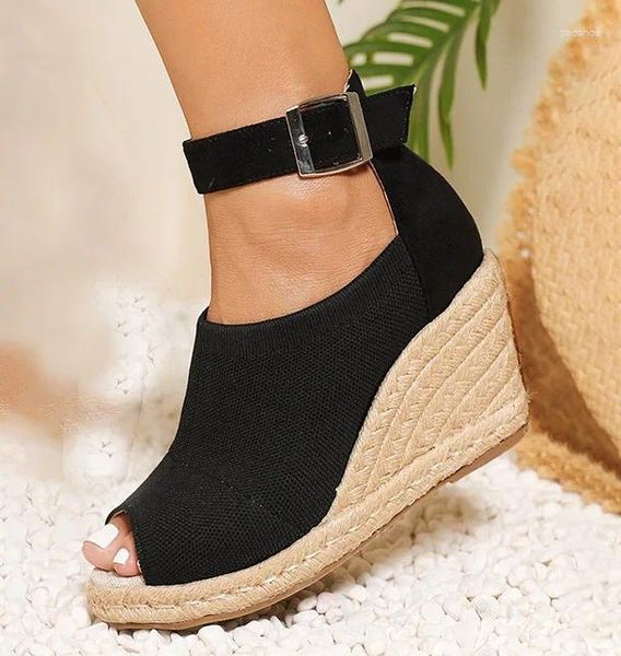 Sandalias LIHUAMAO Bombas Peep Toe Cuñas Alpargatas Zapatos Mujer Tacón Cuerda Suela Confort Csaual Tobillo Correa