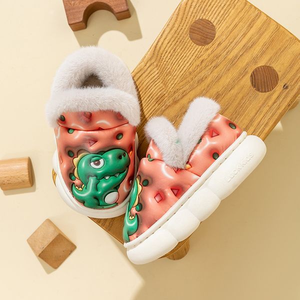 Le pantofole in cotone per bambini Dinosaur sono calde in inverno, caffè rosa e scarpe in cotone con tacco morbido taglia 36-41