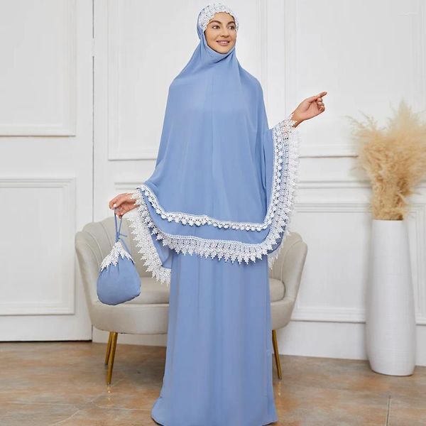 Ethnische Kleidung Ramadan Muslim Spitze Gebetskleid Frauen beten Eid Mubarak Schleier Lange Khimar Abaya Islam Zweiteilige Musulmane Robe